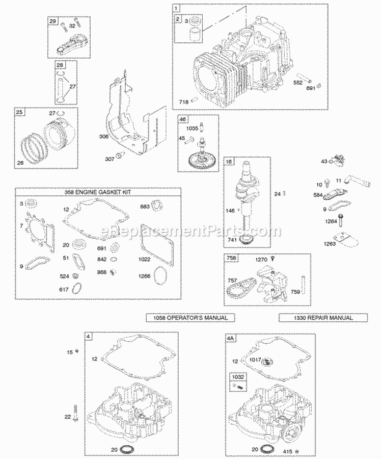 Camshaft Crankshaft Cylinder Engine Sump Gasket Set - Engine Piston Rings Connecting Rod Diagram and Parts List for 280J77-0122-B1  Briggs and Stratton Engine